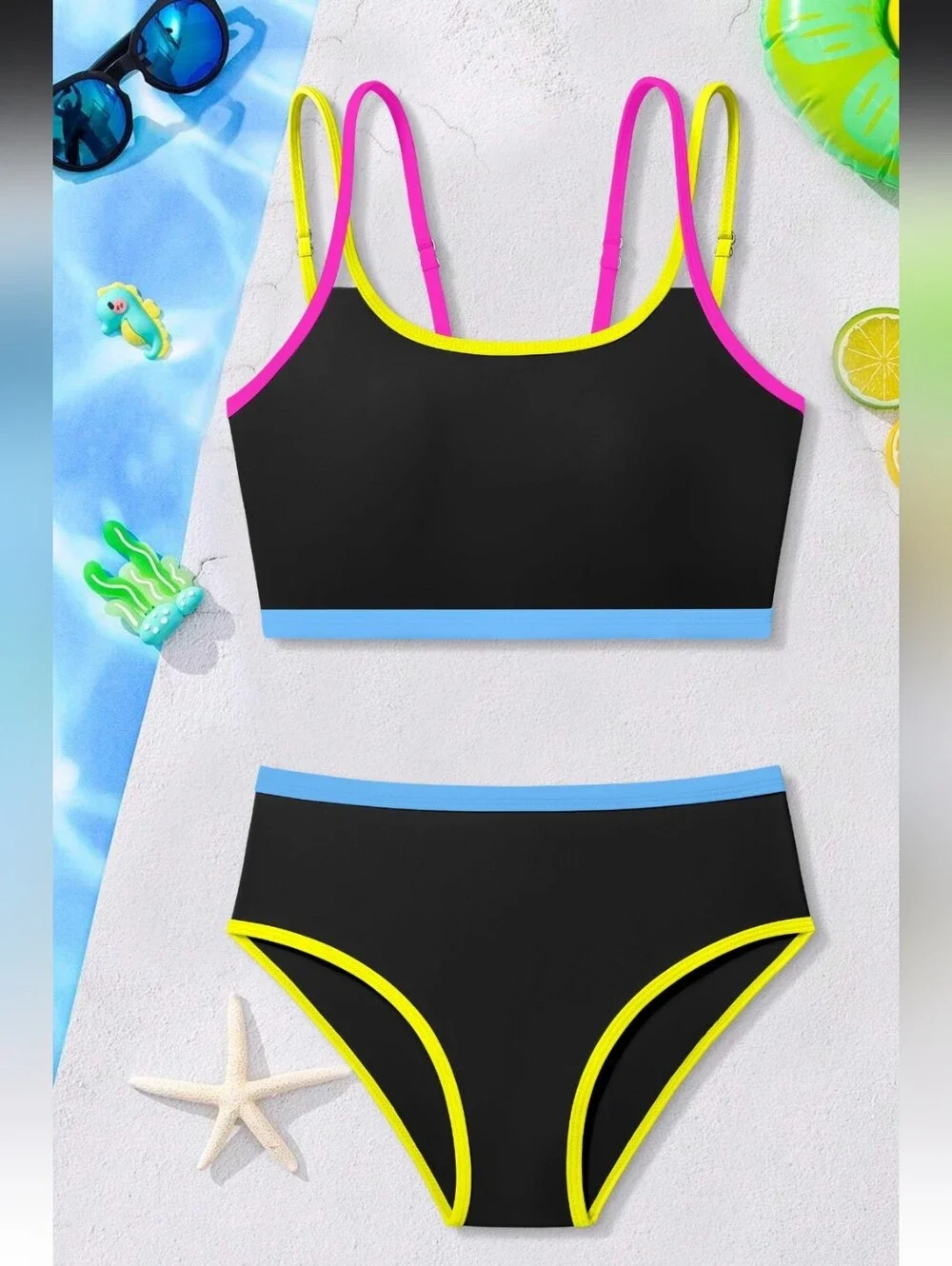 NECIOUS Girls Size 14-16  Bikini Bathing Suits. Color Block Double Strap. NWT